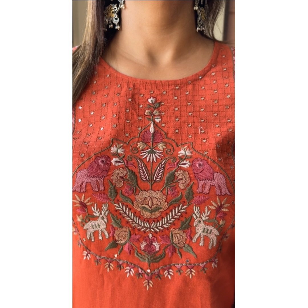 Orange Cotton Chikankari Embroidered Kurti Set